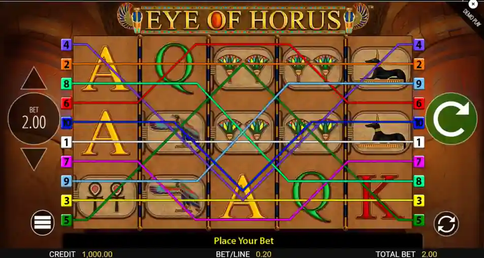 Eye of Horus Slot gameplay — 5 reels with expanding Horus wild and Egyptian symbols